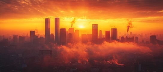 Cityscape sunrise, smog, pollution, urban, skyline, sunrise, dramatic, atmospheric