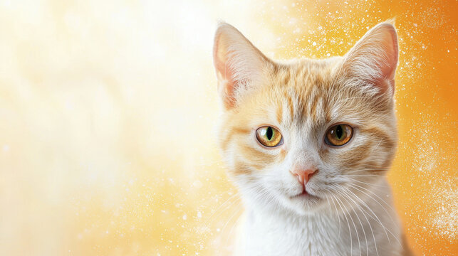 focused orange and white cat with striking eyes against soft, warm background. cat appears calm yet curious, capturing attention beautifully