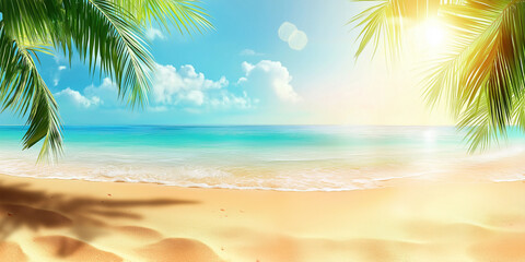 Fototapeta premium Sunny Day, Sand, Palm Leaves In Tropical Beach. Vacation, Travel Concept