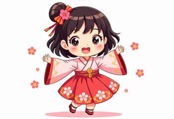 Happy Dancing Hanfu Girl, Peach Blossom Skirt, Pink Gold Outfit, Cute Chibi Style, Simple Vector Illustration, Flat Colors, Childlike Innocence, Warm Design, White Background.

