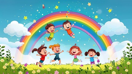 Obraz premium The Exuberant Frolic: Kids' Enchanting Playtime Under a Vivid Rainbow in a Whimsical Cartoon