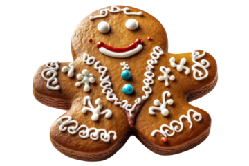 A freshly baked gingerbread cookie shaped like a man with detailed icing decorations, buttons, and a cheerful smile
