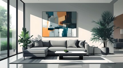 Minimalist Modern Living Room with Abstract Art and Natural Light, Perfect for Home Decor, Ai Generated"

