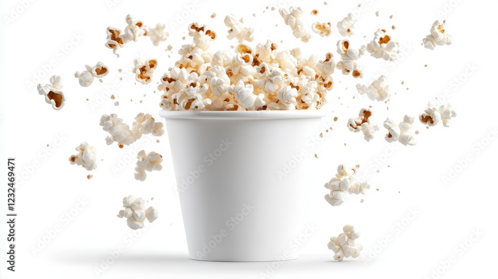 Poster white paper cup overflowing with popcorn against a white background. popcorn pieces are flying in th