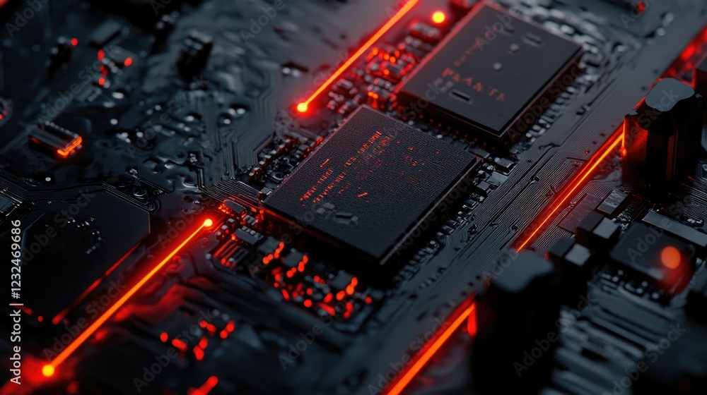 Poster close-up of computer microchip with glowing red circuit lines