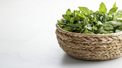 Naklejka premium woven basket filled with fresh green herbs, showcasing natural textures and colors. Perfect for culinary use or decoration