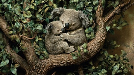 Fototapeta premium Koala Mother and Baby Sleeping in Tree