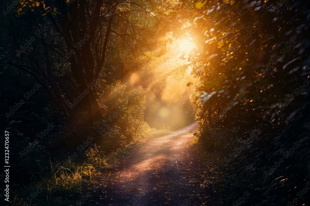 Poster sunbeams filtering through trees create a magical atmosphere on a foggy forest path