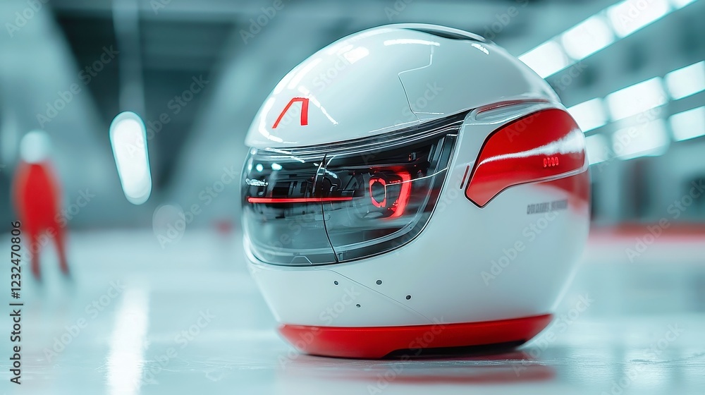 Aufkleber futuristic curling robot sweeping ice, calculating friction in real-time, showcasing advanced ai tec