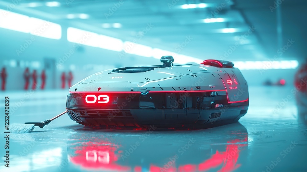 Poster futuristic curling robot in action, sweeping with precision, analyzing friction dynamically on an ad
