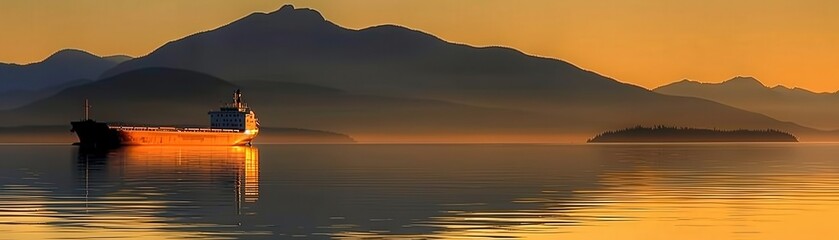 Obraz premium A serene sunset over calm waters, with a silhouette of a boat and mountains in the background.