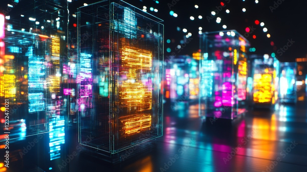 Poster vibrant display of glowing holographic structures in a futuristic environment illuminated by lights