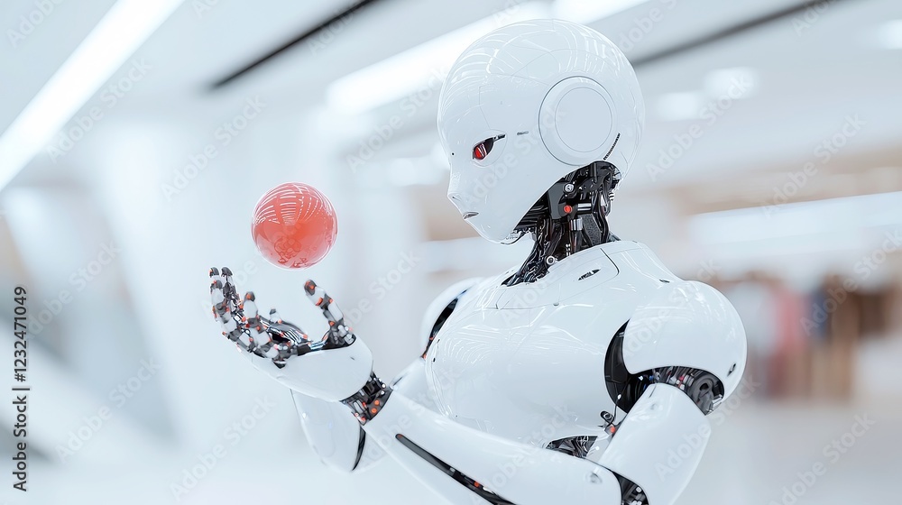 Poster futuristic robot skillfully juggling an energy ball in an open space, showcasing advanced technology