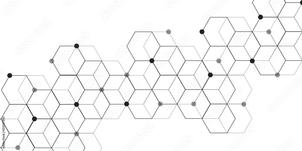 Fototapete Molecular structure abstract tech background. Geometric white background. Vector banner design with hexagons. Science network pattern, connecting lines and dots Medical background, Vector illustration