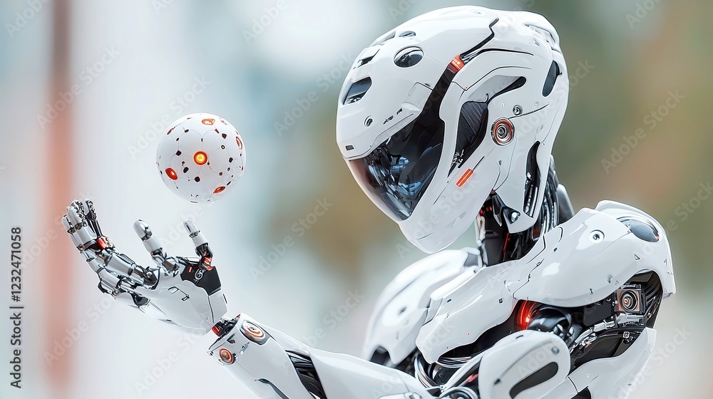 Poster futuristic hacky sack robot skillfully juggling a vibrant energy ball in an open environment, showca
