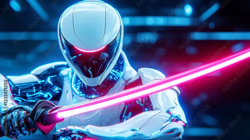 Poster futuristic kendo combat, advanced robot warriors engage in a dynamic duel with energy swords, sleek 