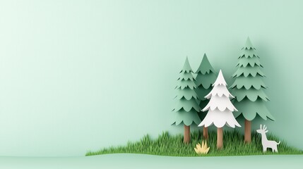 Naklejka premium Paper Craft Trees and Deer in Minimalist Forest Scene