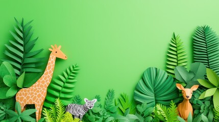 Colorful Paper Art Jungle Scene with Giraffe, Zebra, and Deer