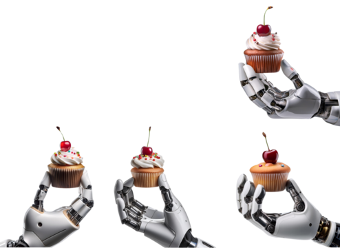 A robotic hand holds delicious cupcakes, showcasing the blend of technology and food.