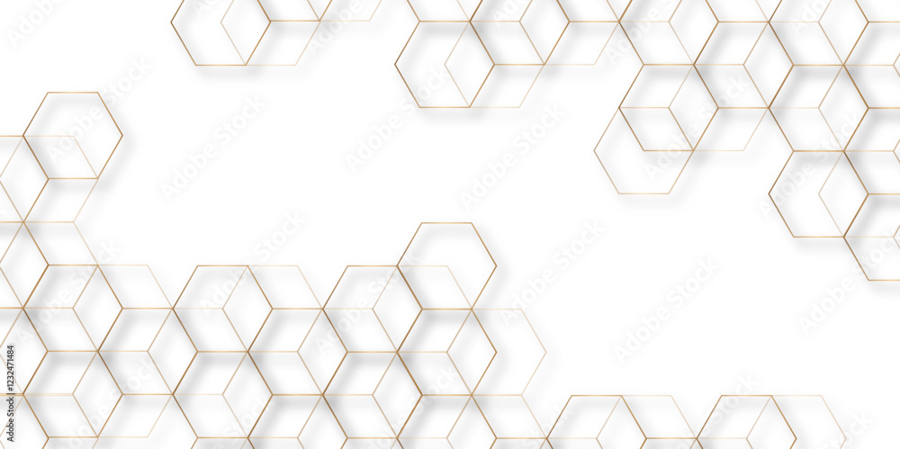 Poster Abstract golden linear graphic ornament. arabian Modern simple style seamless pattern with hexagonal graphic design. Geometric art deco texture mosaic white background. abstract molecular structures i