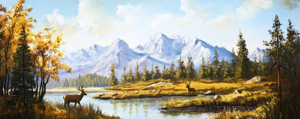 Nature landscape painting,mountains,trees,river,deer. vintage style oil on canvas
