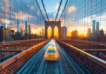 Obraz premium Yellow car drives across a bridge at sunset, digital data trails, city skyline, warm light, futuristic transportation, urban landscape