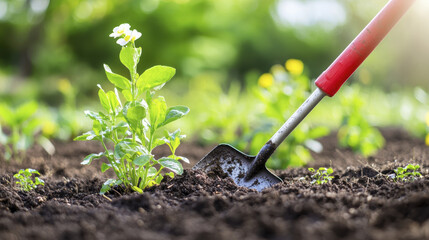 Gardening with shovel, planting vibrant flowers in rich soil, showcasing nature beauty