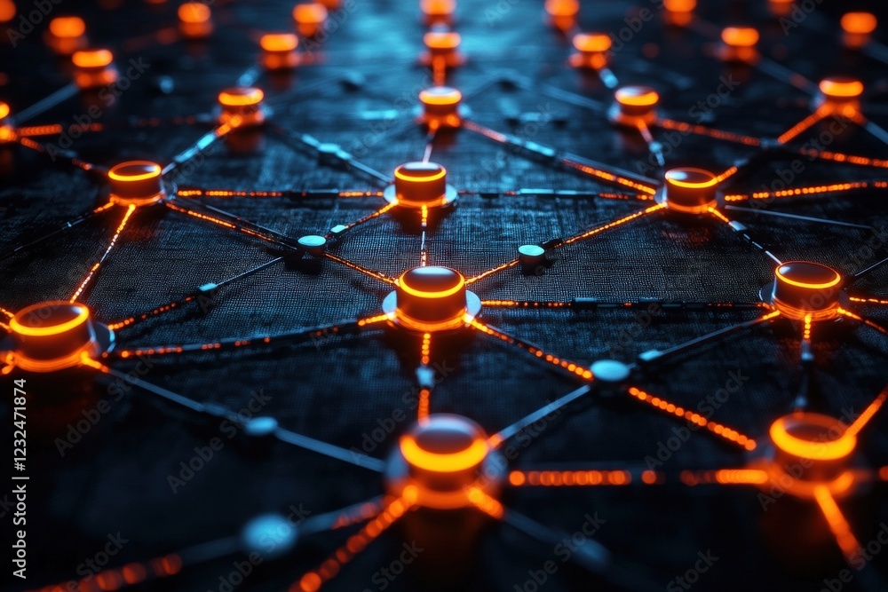 Poster close up image of a clock displaying orange lights and time in a dark background