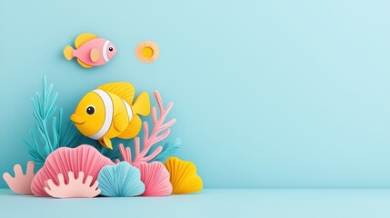 Colorful Paper Cut Fish and Coral on Blue Background Display