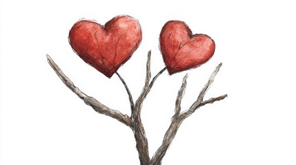 Whimsical Drawing of Two Hearts Growing on a Tree Branch