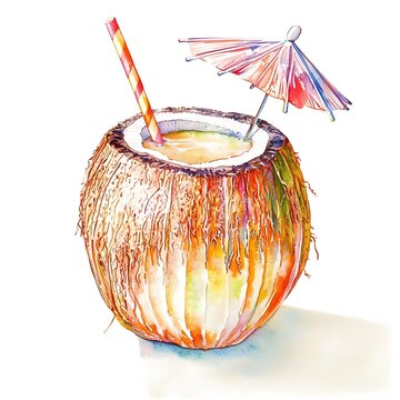 recommend clip art: Illustration of a refreshing coconut drink with a straw and a mini umbrella.