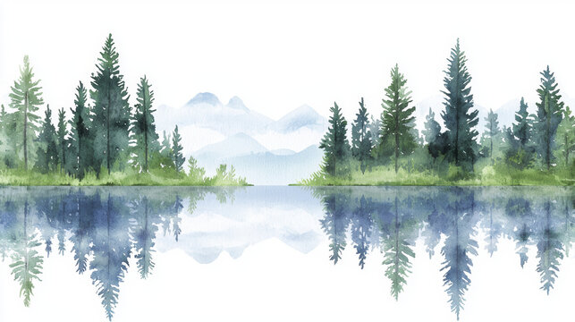 tranquil watercolor illustration of serene lake surrounded by lush trees and distant mountains, reflecting nature beauty