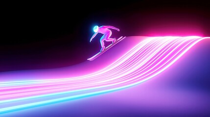 Futuristic Ski Jumper Bot, a sleek robotic figure gliding effortlessly down a neon-lit slope, showcasing advanced aerodynamics and cutting-edge technology in motion.