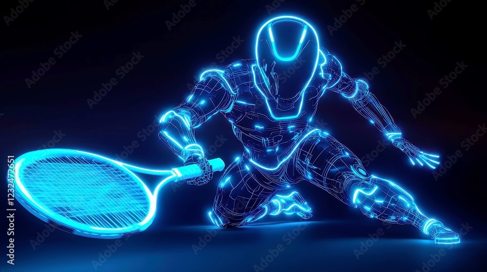 Poster futuristic tennis robot serving, humanoid design with glowing circuits, dynamic motion blur, showcas