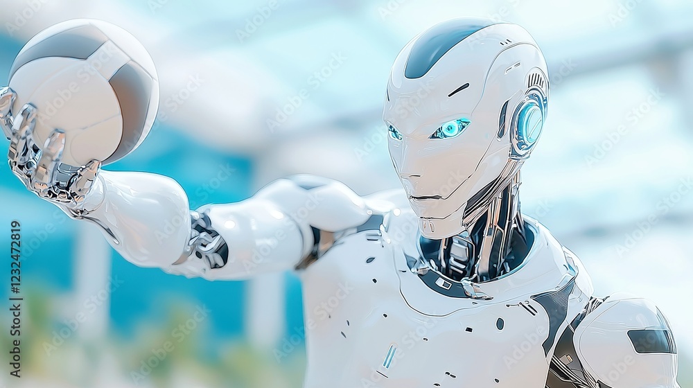 Aufkleber futuristic volleyball robot executing a powerful spike, showcasing advanced mechanical joints in mot