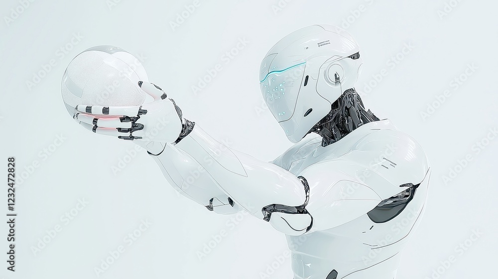 Poster futuristic volleyball robot executing a powerful spike, mechanical joints flexing dynamically, enhan