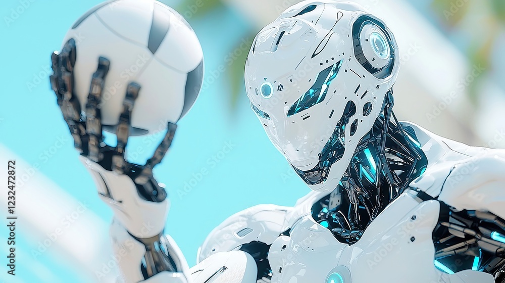 Poster futuristic volleyball robot executing a powerful spike, mechanical joints in motion, ai-driven preci