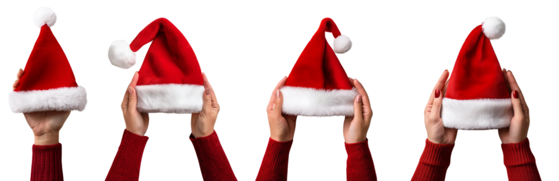 Four hands holding colorful Christmas hats for festive celebration and joyful moments. - Powered by Adobe