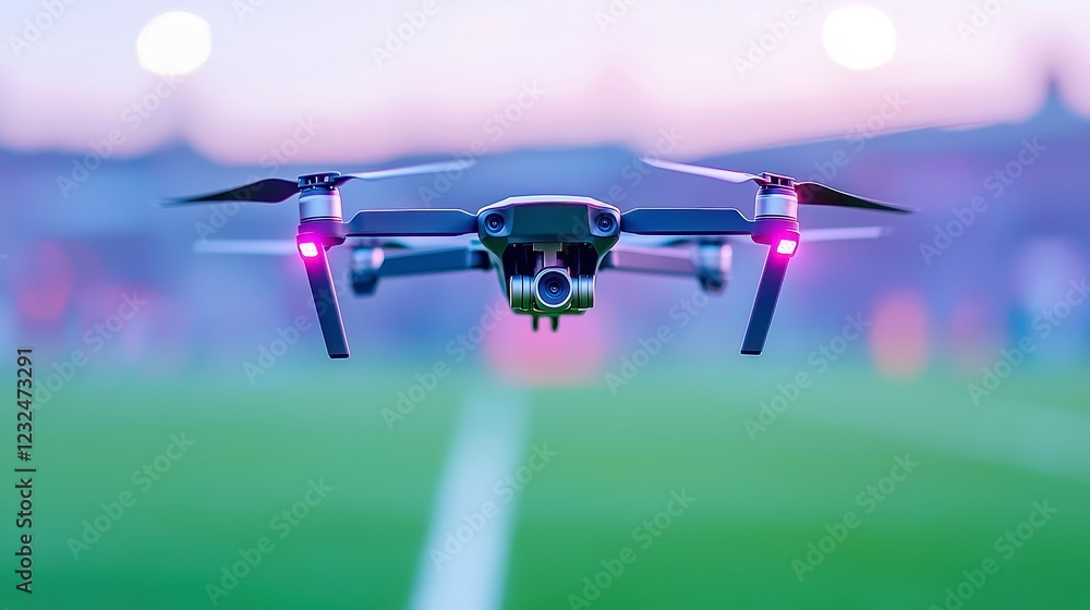 Aufkleber high-tech drone soccer match, sleek ai-controlled drones swiftly maneuvering, dynamic gameplay in an