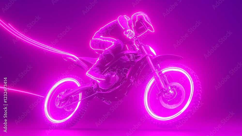 Poster dynamic futuristic biker robot executing a backflip with vibrant neon trails illuminating its path, 