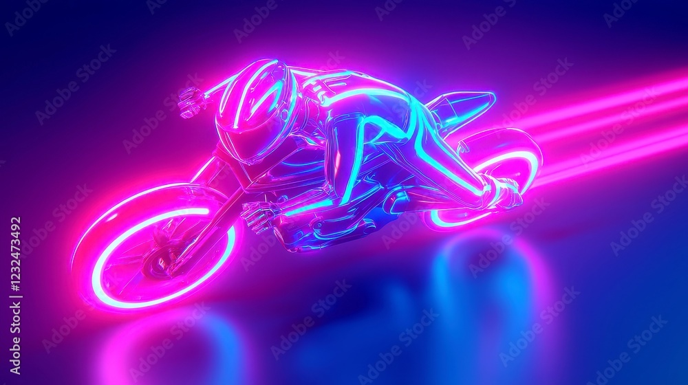 Poster dynamic futuristic biker bot executing an impressive backflip, vibrant neon trails illuminating the 