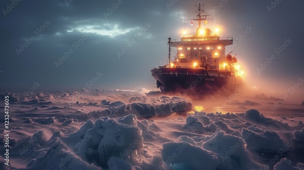 Poster a large icebreaker ship makes its way through thick floating ice in the arctic, illuminated against 