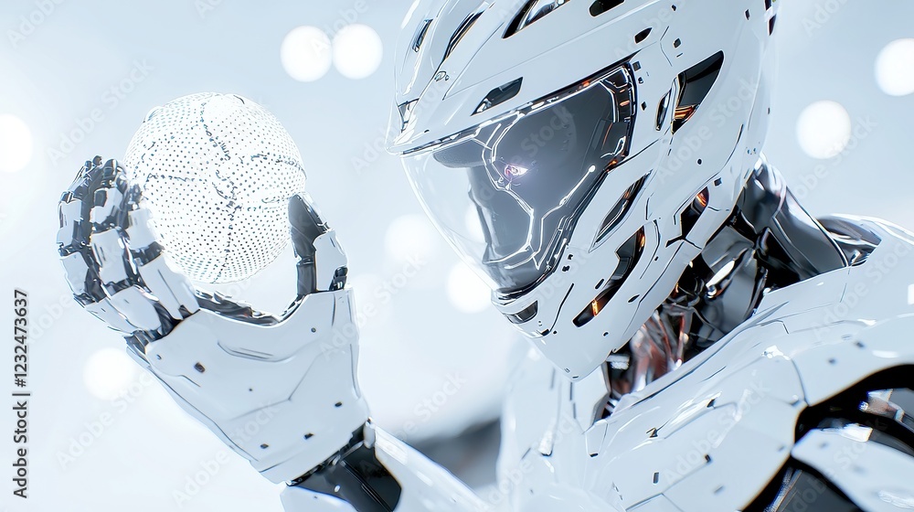 Poster lacrosse robot in action, a high-tech robotic player with sleek metallic armor skillfully catching a