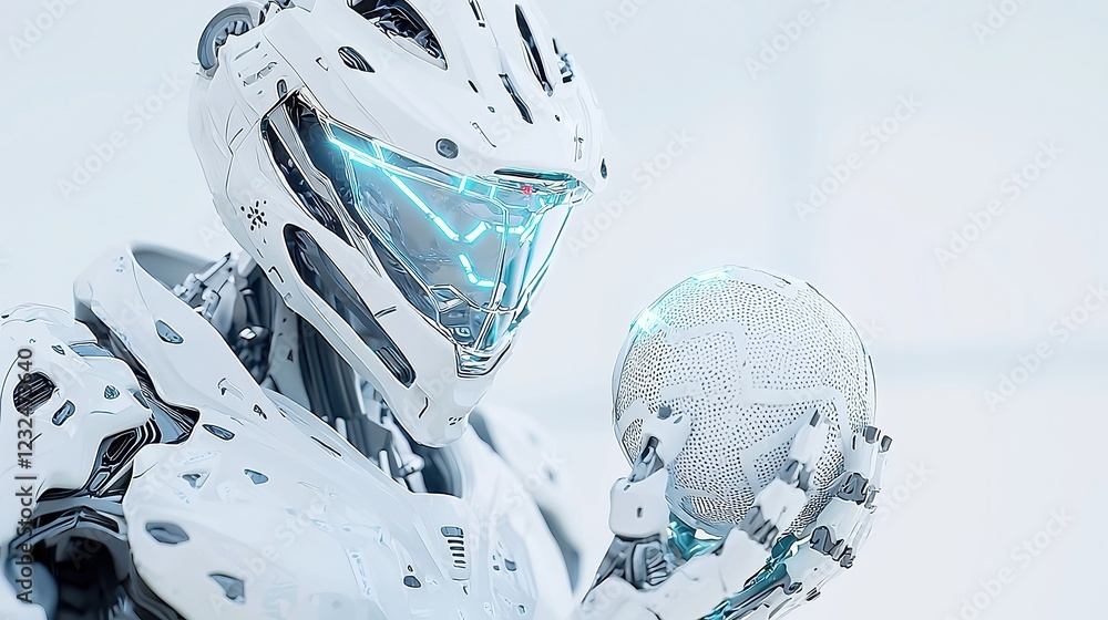 Poster lacrosse robotics, a high-tech robot in sleek metallic armor skillfully catching and passing an ener