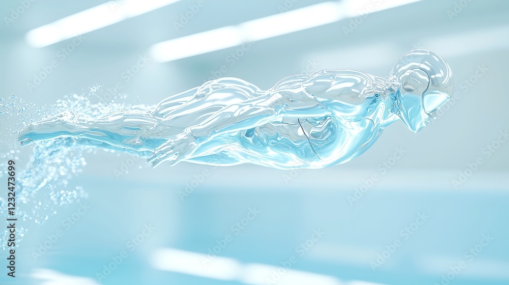 Poster futuristic olympic swimmer in action, high-tech swimmer with a sleek metallic body propelling off th