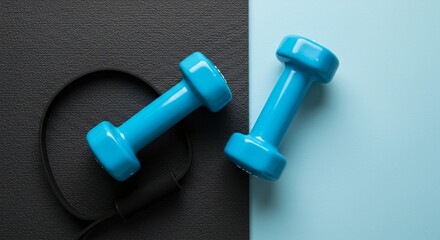 Two vibrant blue dumbbells and a black resistance band rest on a textured black mat and a light blue background, creating a contrast that highlights fitness and workout essentials.