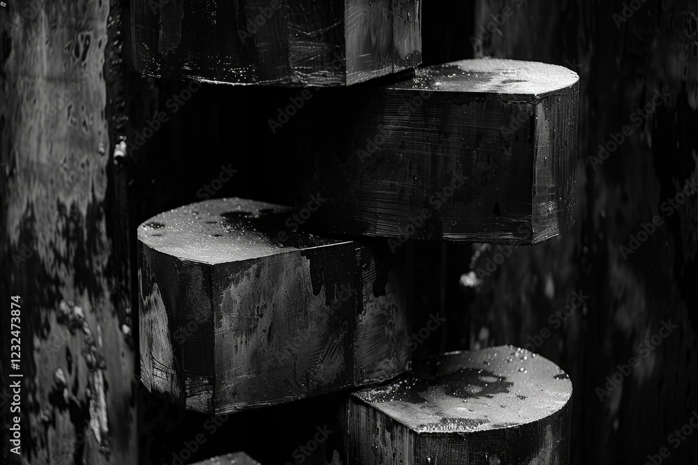Poster abstract monochrome image showcasing textured wooden shapes, emphasizing shadows and curves.