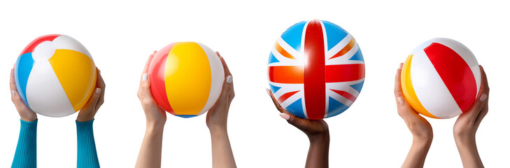 Hands holding colorful beach balls with various designs and patterns, perfect for summer fun.