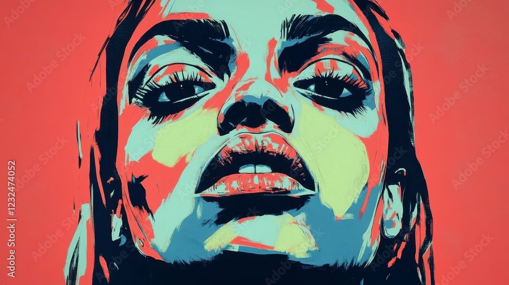 Poster close up portrait of a woman, stylized with bold color blocks and a pixelated effect. the image feat