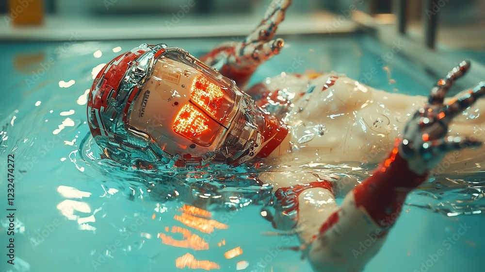 Poster synchronized robot aquatics, a humanoid robot gracefully executing synchronized swimming maneuvers, 